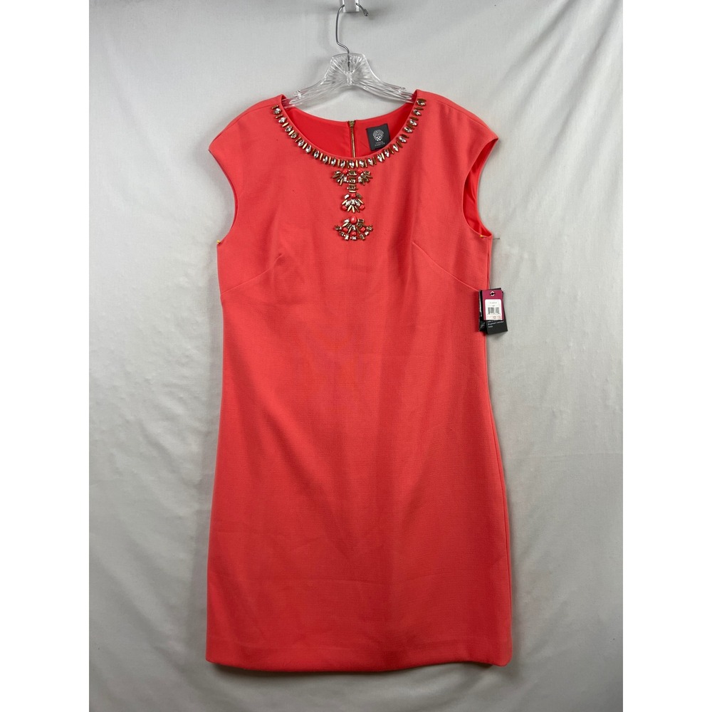 Vince Camuto Sheath Dress Womens 12 Coral Pink Embellished Jewel Neck Sheath